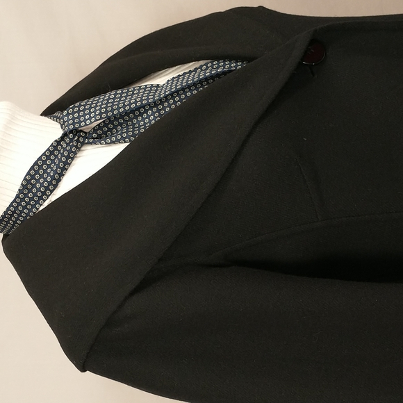 Black Wool Lightweight Jacket Wide Collar Pockets Classy Classic 6P Quality EUC - Picture 2 of 12